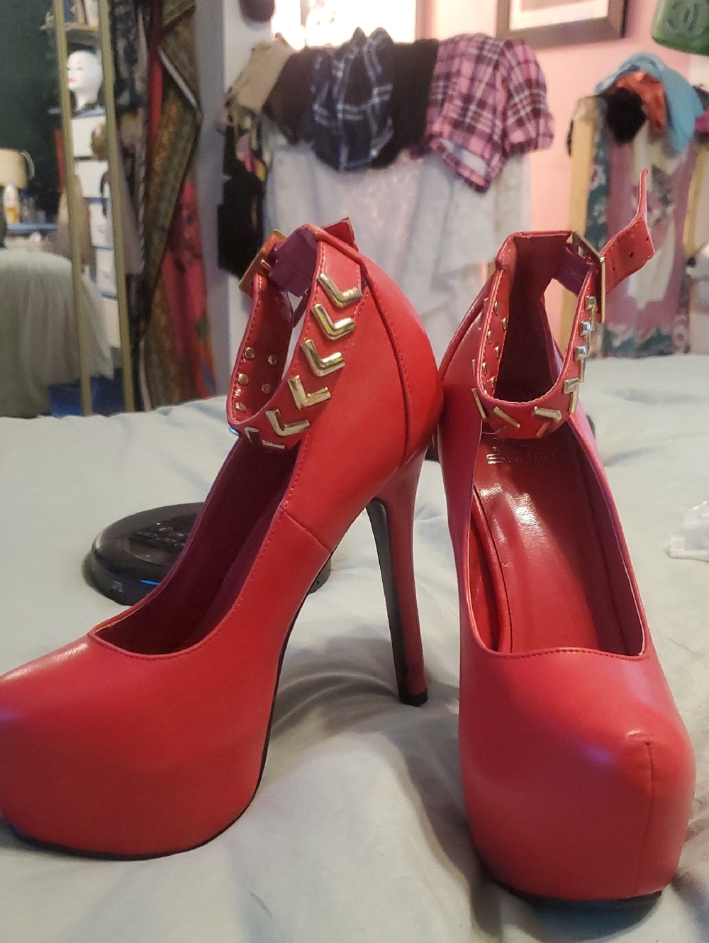 Red High Heel Platform Pumps with Gold Accent Ankle Strap, Brand New.